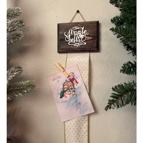 Holiday Card Holder Jingle Bells Wooden Topper with White Gold Ribbon - Picture 1 of 6